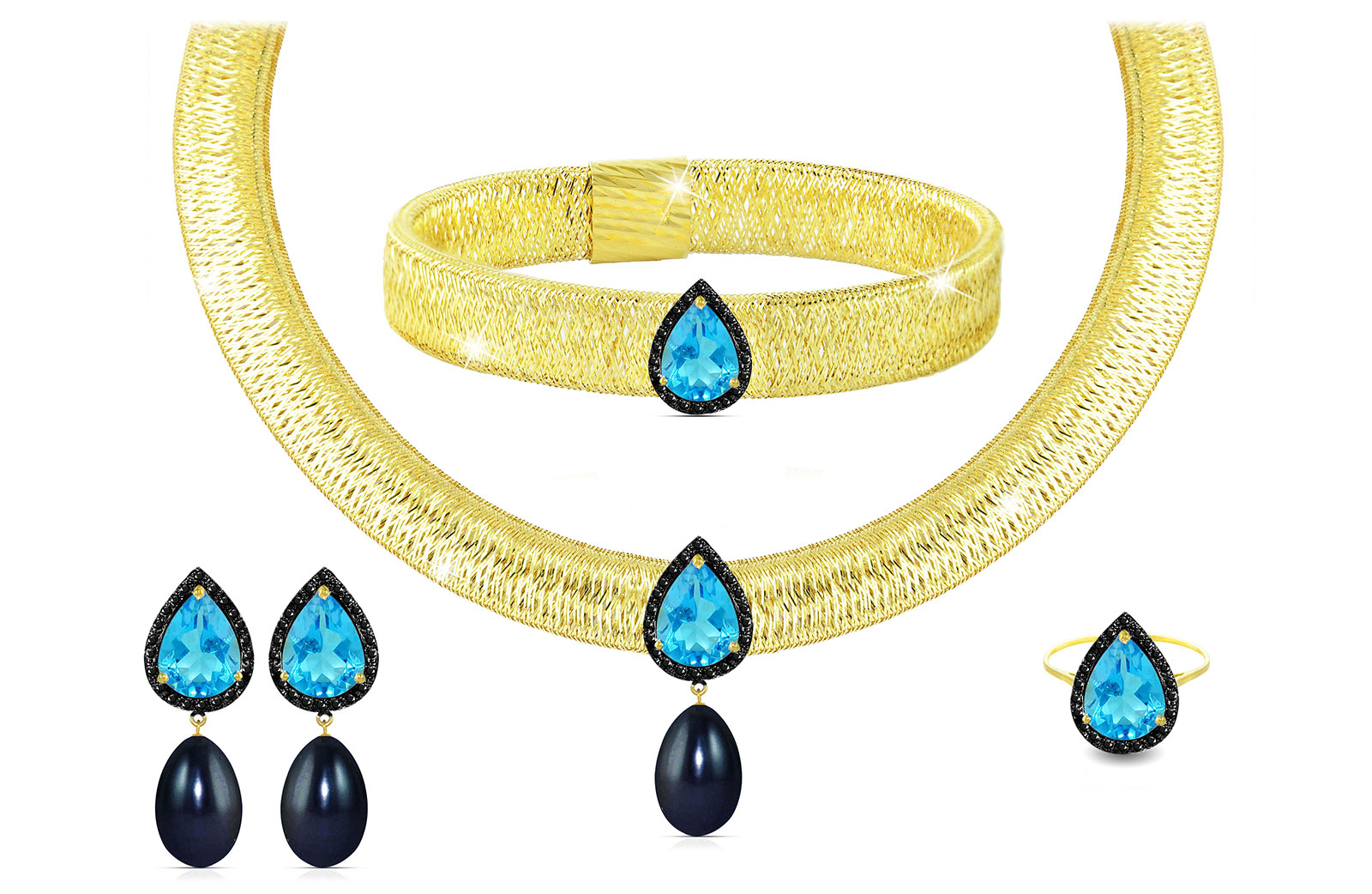 Vera Perla 18K Gold 0.60ct Black Diamonds, Topaz and 13mm Black Pearl Jewelry Set - 4 pcs.